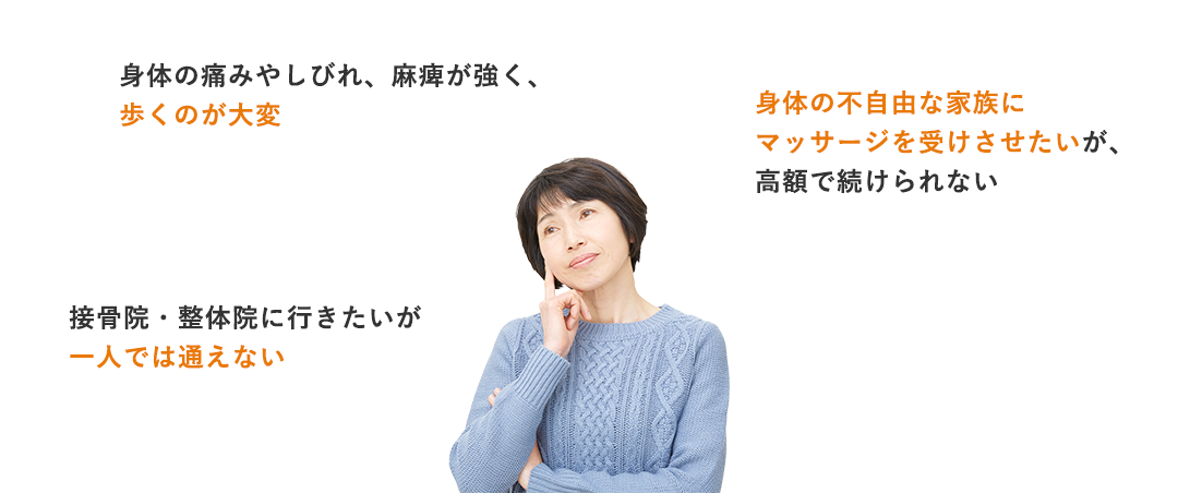 身体の痛みやしびれ、麻痺が強く、歩くのが大変、接骨院・整体院に行きたいが一人では通えない、身体の不自由な家族にマッサージを受けさせたいが、高額で続けられない